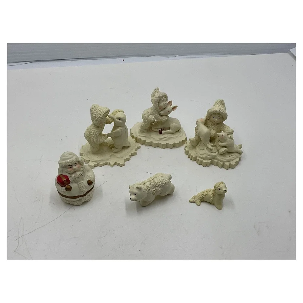 Set of 6 Winter Snow Children Figurines Santa Polar Bear Penguin Resin Christmas